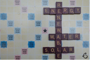 Scrabble board with clean energy terms