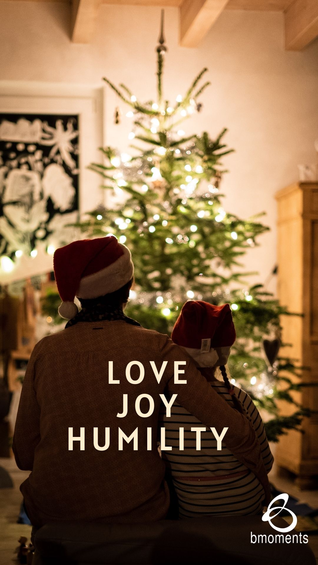 love joy humility. christmas tree & mom & son